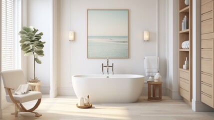 Fototapeta na wymiar Find peace in a tranquil bathroom with a freestanding tub and soft neutral tones, creating a serene oasis for relaxation.