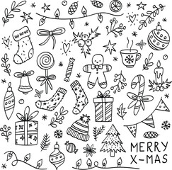 vector Christmas collection. Hand drawn doodle. Line art.