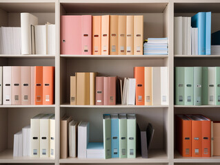 A well-organized shelf with neatly arranged binders and folders in a professional setting.