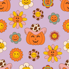 seamless pattern with groovy pumpkin and  pumpkin on a skateboard - 659609190