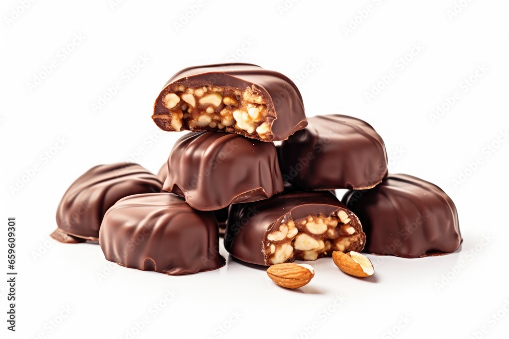 Poster a pile of chocolate covered nuts stacked on top of each other. this image can be used to showcase de