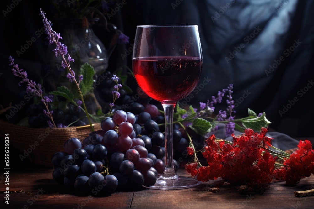 Poster a glass of wine placed next to a bunch of fresh grapes. this image can be used to depict the concept