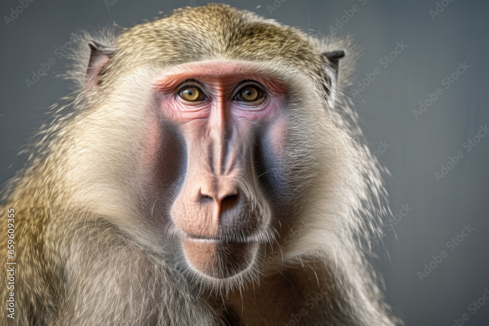 Poster a close-up view of a monkey's face with a blurry background. this image can be used to depict wildli