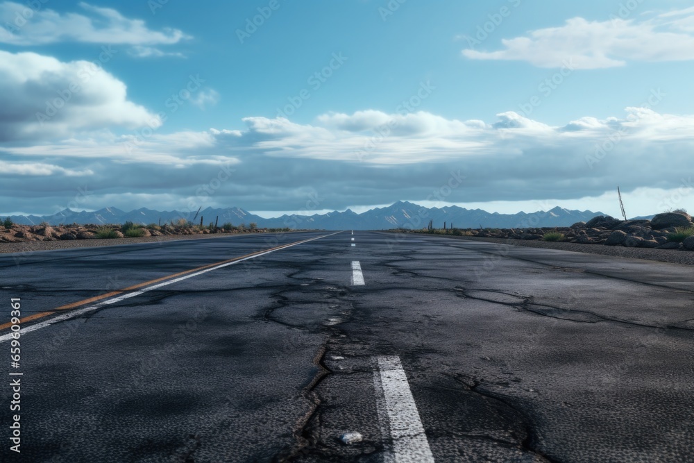 Poster a scenic image of an empty road with majestic mountains in the background. perfect for travel and ad