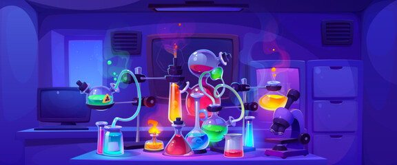 Night chemistry laboratory with experiment equipment cartoon background. Science research lab in school with microscope and beaker for physics education and analysis. Liquid potion glow with steam