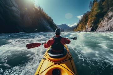 A person in a yellow kayak paddling down a river. Suitable for outdoor adventure and water sports...