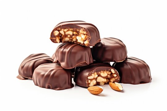 A pile of chocolate covered nuts stacked on top of each other. This image can be used to showcase delicious and indulgent treats or to illustrate the concept of a tempting dessert. .