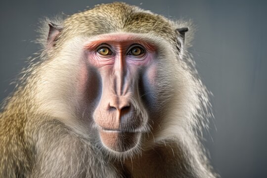A close-up view of a monkey's face with a blurry background. This image can be used to depict wildlife, nature, or animal behavior.