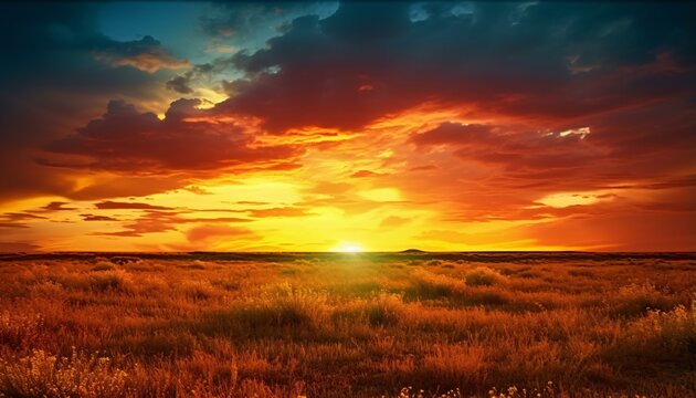 a field with a sunset in the background