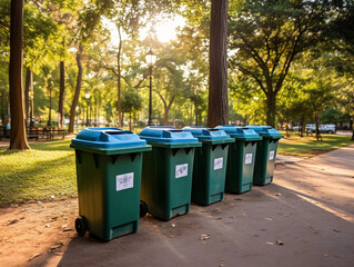 A well maintained row of recycling bins, in vibrant colors, ready to promote environmental sustainability.