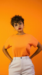 Beautiful african american girl in stylish outfit and glasses on orange background.