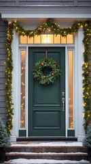 Festive Christmas natural home porch decoration with pine wreaths and garlands, vertical format