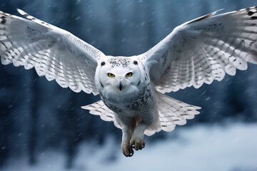 an owl flying in the snow