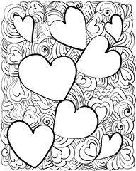 Abstract Valentine's Day coloring page, Fantasy hearts and zen patterns for holiday activity