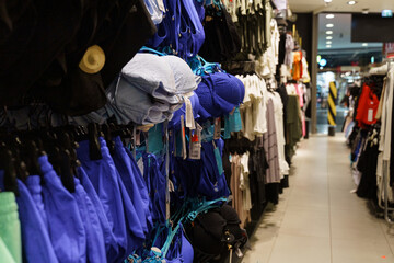 Women's swimsuits hang on hangers in a clothing store.
