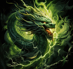 Green dragon, mysterious monster from farytales and symbol of 2024 lunar year in Chinese calendar. - obrazy, fototapety, plakaty