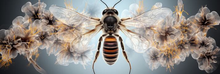 Honeybees thorax and wing joint X-ray image background with empty space for text  - obrazy, fototapety, plakaty