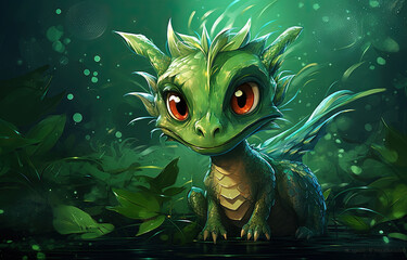 Young green dragon, mysterious creature from farytales and symbol of 2024 lunar year in Chinese calendar.