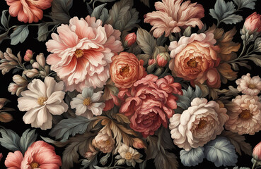 Vintage bouquet of beautiful flowers on black. Floral background. Baroque old fashiones style. Natural pattern wallpaper or greeting