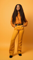 Fototapeta premium Beautiful african gen z woman in stylish outfit posing on orange background.