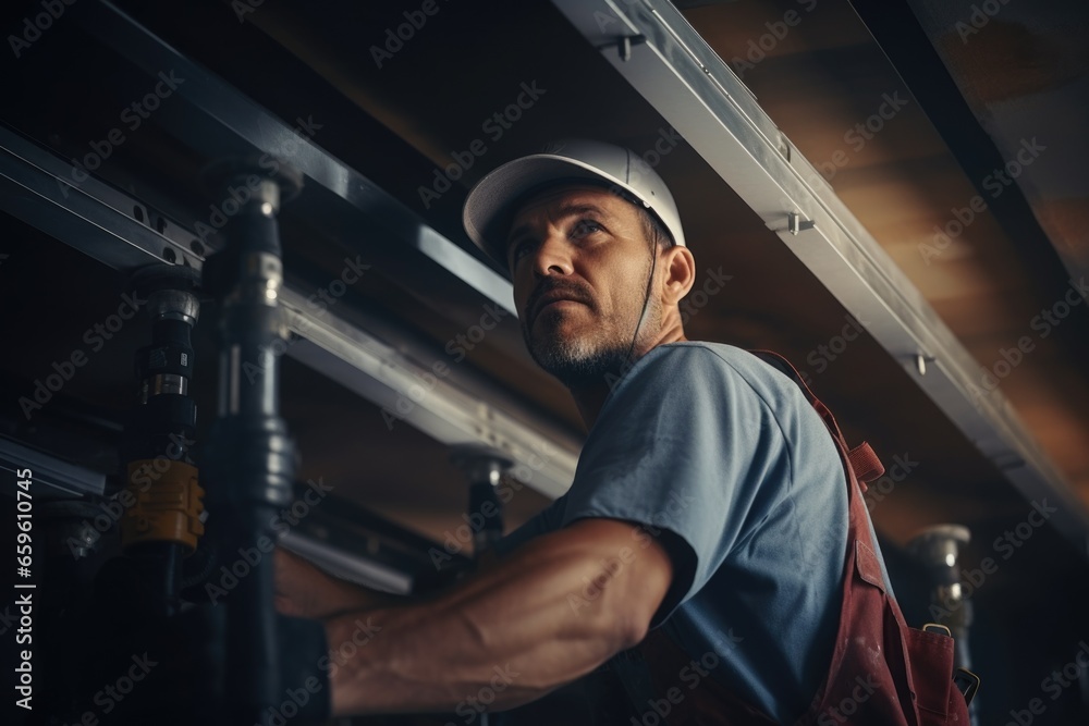 Poster a man wearing a hard hat is diligently working on a pipe. this image can be used to showcase constru