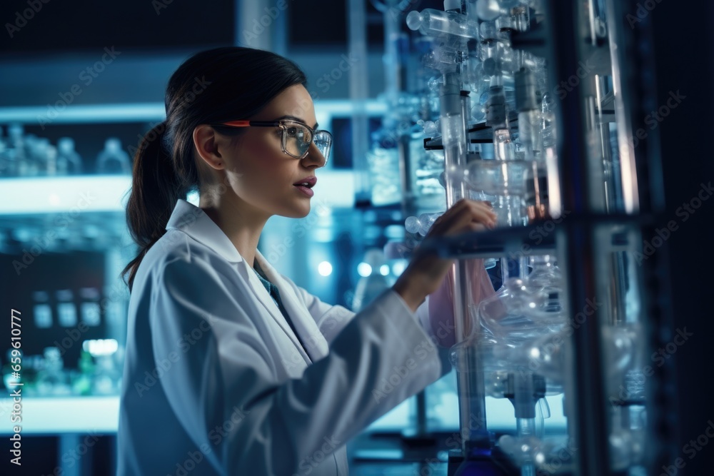 Poster a woman in a lab coat is examining the contents of a glass case. this image can be used to depict sc