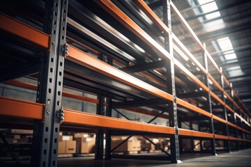 A spacious warehouse filled with rows of shelves, providing ample storage space. Suitable for various commercial and industrial purposes.