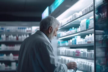 Foto op Aluminium A man is seen browsing the shelves in a pharmacy store, carefully examining different types of medicine. This image can be used to illustrate concepts related to healthcare, medicine shopping, or self © Vladimir Polikarpov