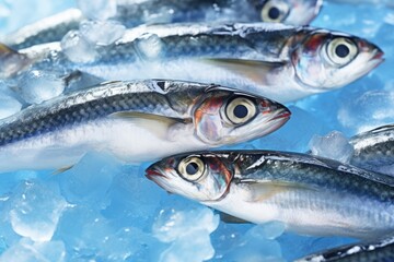 A group of fish sitting on top of a pile of ice. This image can be used to depict the concept of cold environment or the effects of climate change on aquatic life.