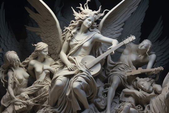 A statue of an angel playing a guitar. This image can be used as a decorative element or to symbolize music and spirituality.