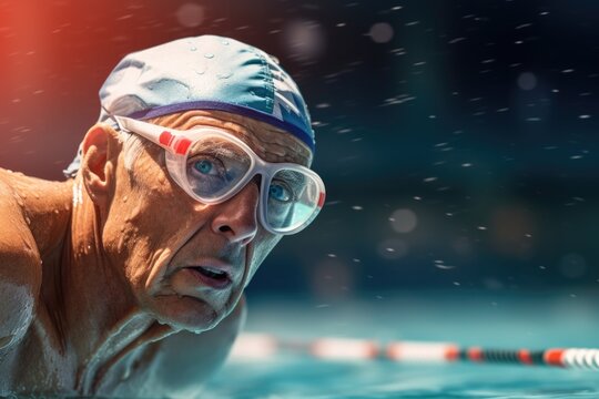An older man wearing goggles is seen swimming in a pool. This image can be used to depict active aging, water sports, or recreational activities.