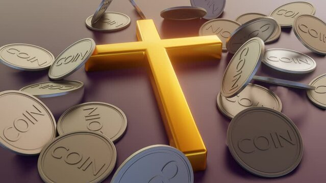 golden cross as a Christianity cross with falling coins from above 3d rendering