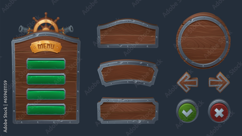 Poster wood pirate ui game frame and board button vector. wooden texture menu interface with arrow, panel a