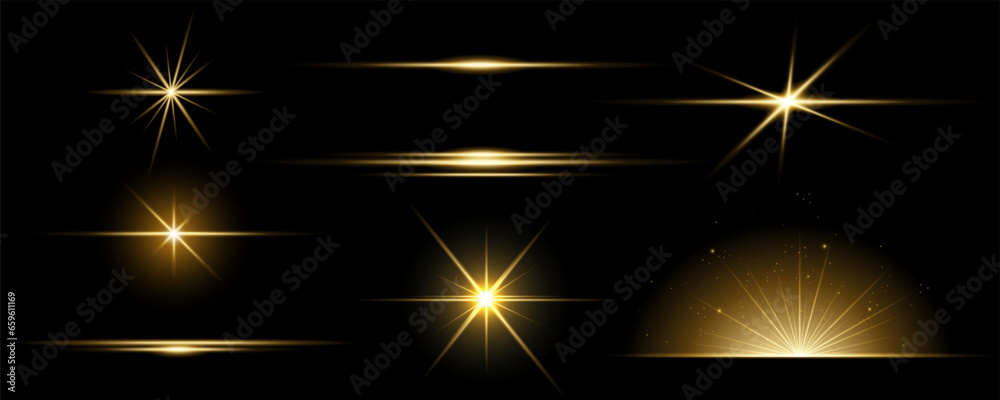 Wall mural gold line light glow with sparkle and flare shine. horizontal golden neon streak effect isolated on 