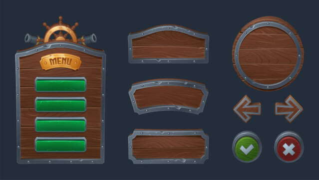 Wood pirate ui game frame and board button vector. Wooden texture menu interface with arrow, panel and signboard 2d shape. Round metal web plank for medieval mobile app. Brown fantasy plate kit