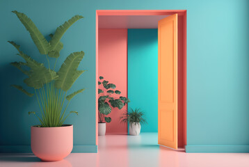Abstract colorful interior with plants and minimalistic decorations. Vivid colored architectural background.