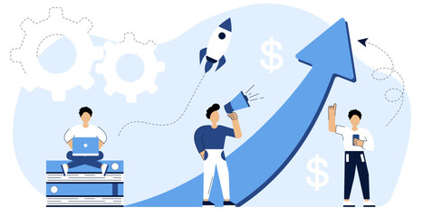 Business growth scene.Characters create new startups, analyze business growth, and celebrate success and increased money.Company development and growth.Concept business growth.Vector illustration.
