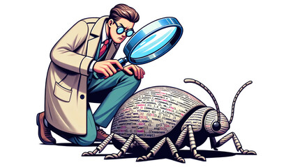 A software developer in detective attire uses a magnifying glass to inspect large code bugs, symbolizing software errors.