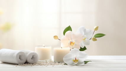 Fototapeta na wymiar A spa sanctuary radiating tranquility with Zen floral arrangements and glowing candles