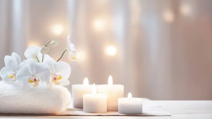 Gordijnen A peaceful spa retreat with a Zen-inspired floral display, illuminated candle © md3d