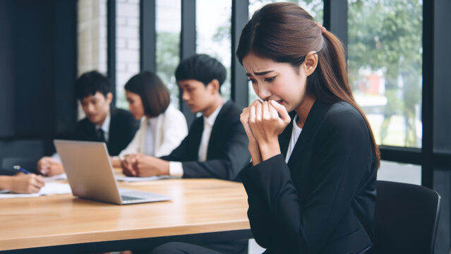 Job interview. An woman sits at a meeting table, her anxious eyes capturing the moment's pressure as interviewers with documents watch her.