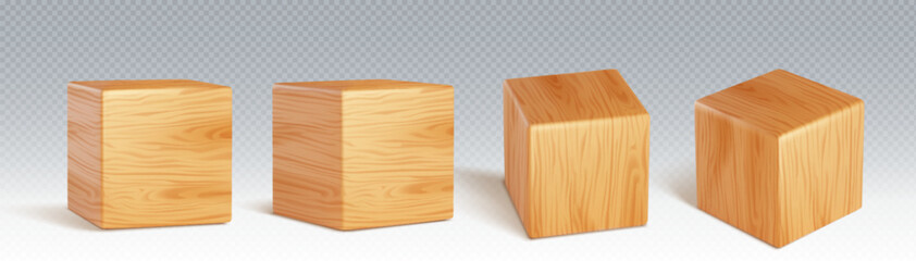3D wooden cubes set isolated on transparent background. Vector realistic illustration of cubic blocks made of natural wood with oak texture, child toy mockup for learning and education, building brick