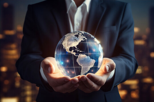 the businessman holding the globe in both hands symbolizes the concept of complete and absolute business control