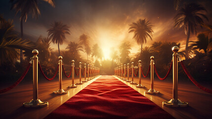 Red carpet rolling out in front of glamorous movie premiere background - obrazy, fototapety, plakaty