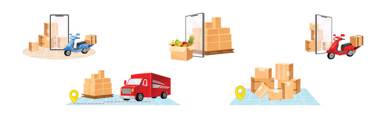 Delivery Logistics and Shipment with Cardboard Box and Transport Vector Set