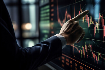 The businessman points to a board displaying the ups and downs of the stock market chart - obrazy, fototapety, plakaty