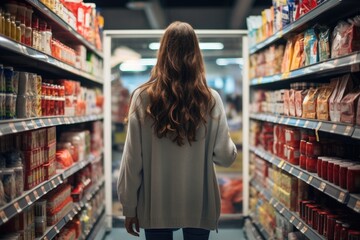 A young woman shopping for groceries in a supermarket, carefully selecting fresh and healthy products from various aisles.