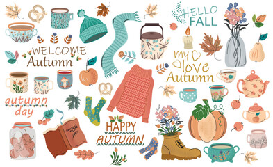 Set autumn different items in flat style