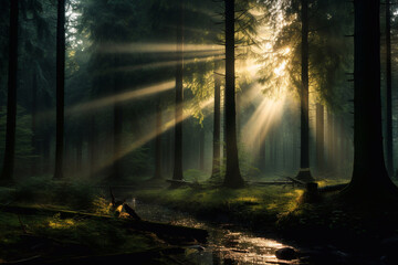 Dark forest landscape with light beams filtering through trees