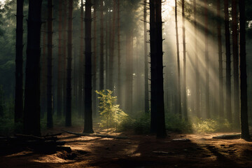 Dark forest landscape with light beams filtering through trees